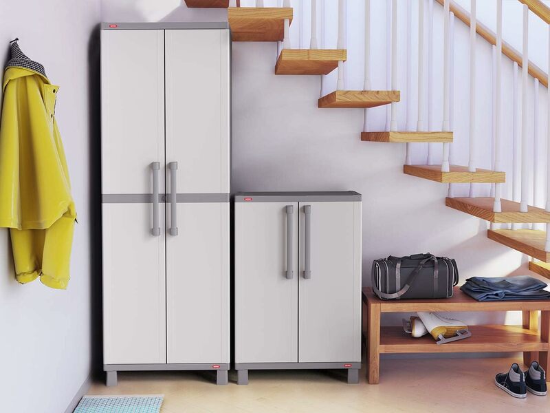 Armario de almacenamiento con puertas y estantes para herramientas, organización del hogar, grande, blanco y gris