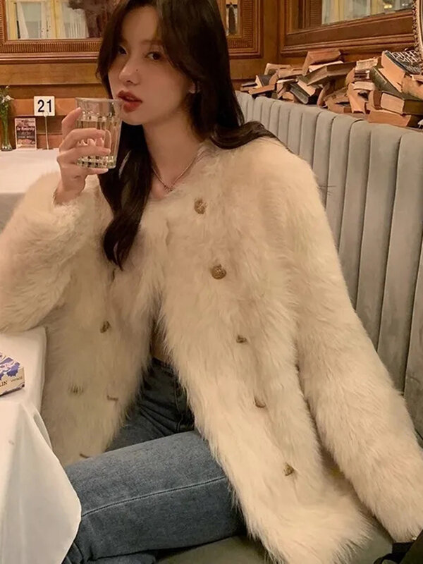 Jaket crop bulu kelinci palsu hangat Korea jaket lembut wanita Chic mewah klasik mantel kasual ramping Musim Dingin Ceketler elegan baru