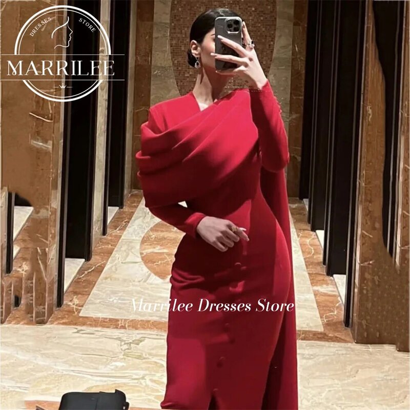 Sexy Red Mermaid Evening Dresses 2024 Pleated Neck Long Sleeve Guest Wedding Dresses For Women Simple Button Prom Gowns Vestidos