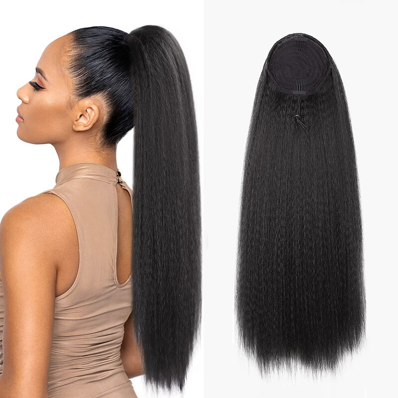 24 Inches Kinky Straight Ponytail Extension Synthetic Drawstring Ponytail For Black Women Yaki Pony Tails Hair Extensions