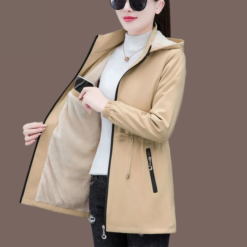 Autunno inverno donna giacca a vento 2023nuovo velluto caldo medio lungo Trench con cappuccio coreano femminile top donna giacca Slim Outwear 5XL