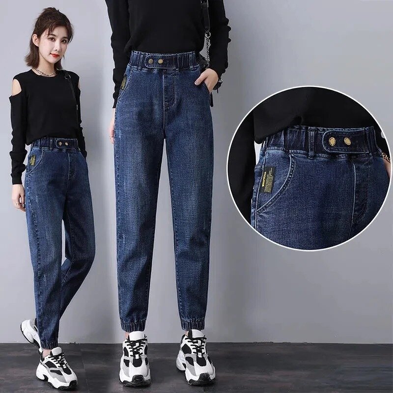 Calça jeans folgada feminina coreana reta de cintura alta na cintura, calça jeans casual, jogger, primavera, outono, nova