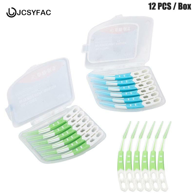12 buah/kotak sikat Interdental silikon sikat gigi tusuk gigi silikon tusuk gigi dengan benang alat pembersih mulut
