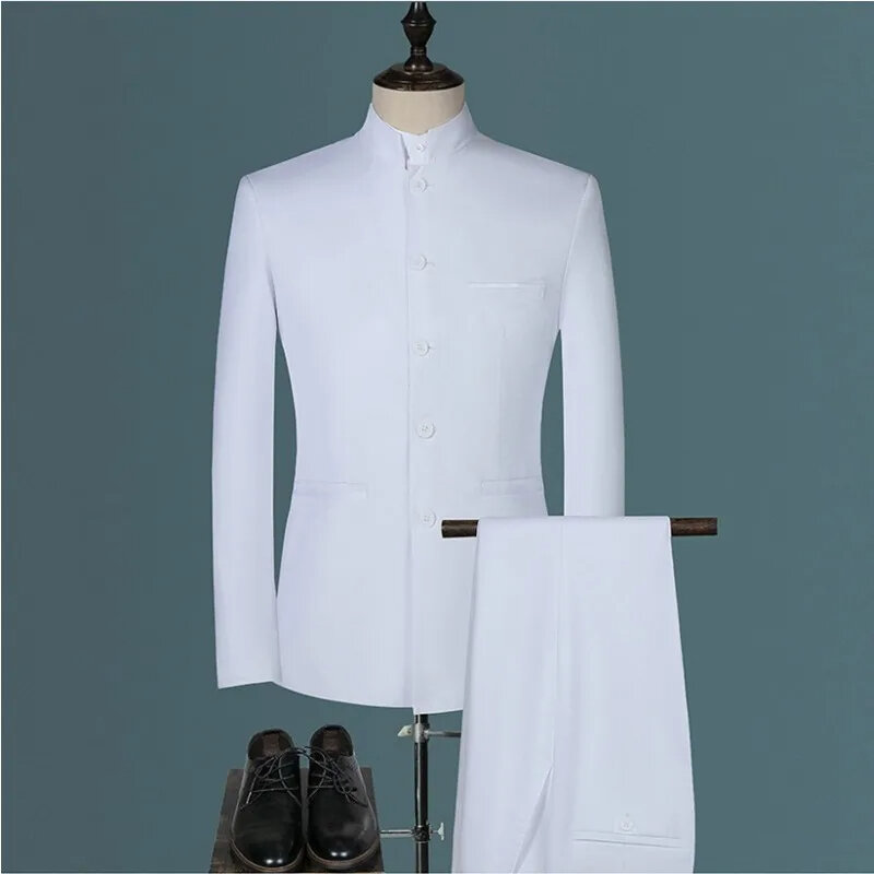 T36 męski butik na co dzień biały kołnierzyk z garnitur weselny w stylu chińskim marynarka slim