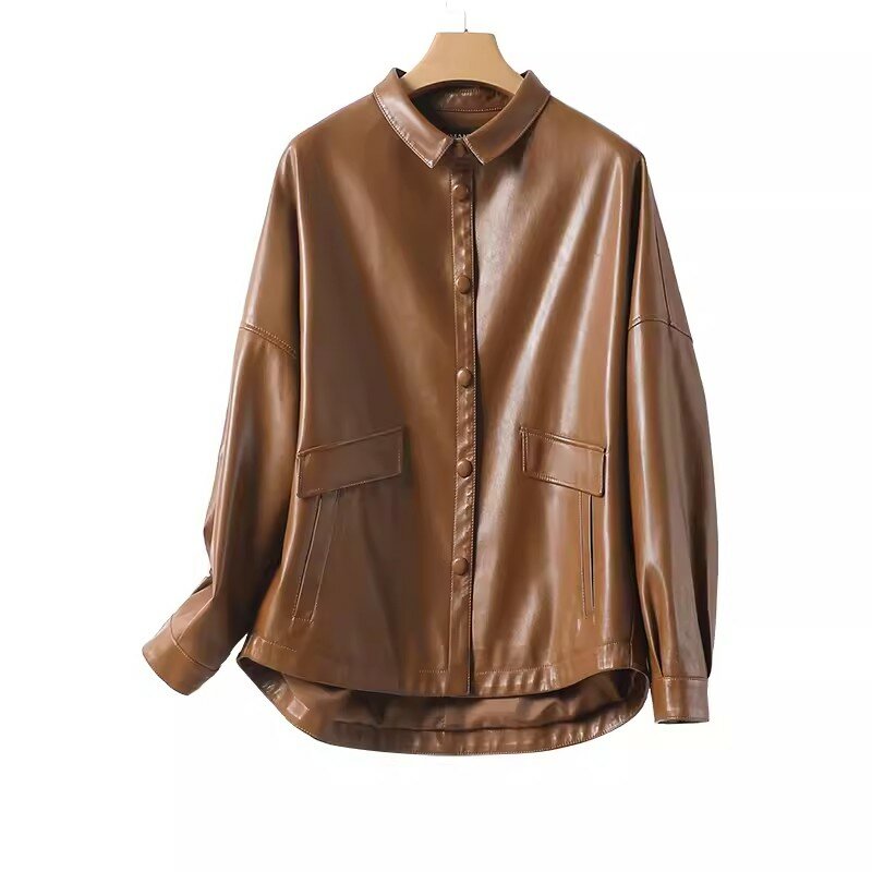 Jaket kulit asli wanita, mantel jaket pendek kulit domba terpisah wanita kancing tertutup kasual longgar mode 2024