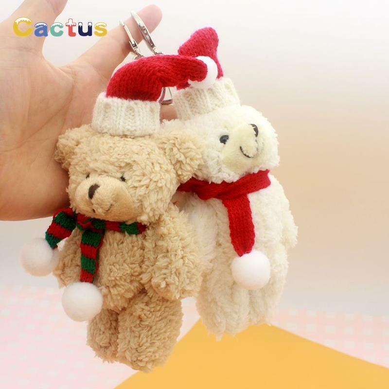1PCS 16cm Cute Plush Toy Bear Stuffed Animals Keychain with Christmas Hat Long Scarf Bear Toys Keyring Xmas Gift Decoration