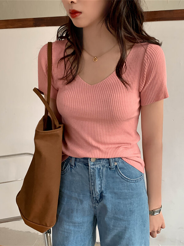 AOSSVIAO 2024 Basic V-neck Solid Thin Summer Pullover Women Female Knitted Ribbed Sweater Slim Short Sleeve Bodycon Sweater