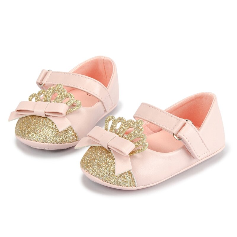 0-18M Newborn Baby Girls Shoes Infant Toddler Sequined Crown Bling Princess Non-slip Rubber Bottom Soft Sole Flat Firstwalkers