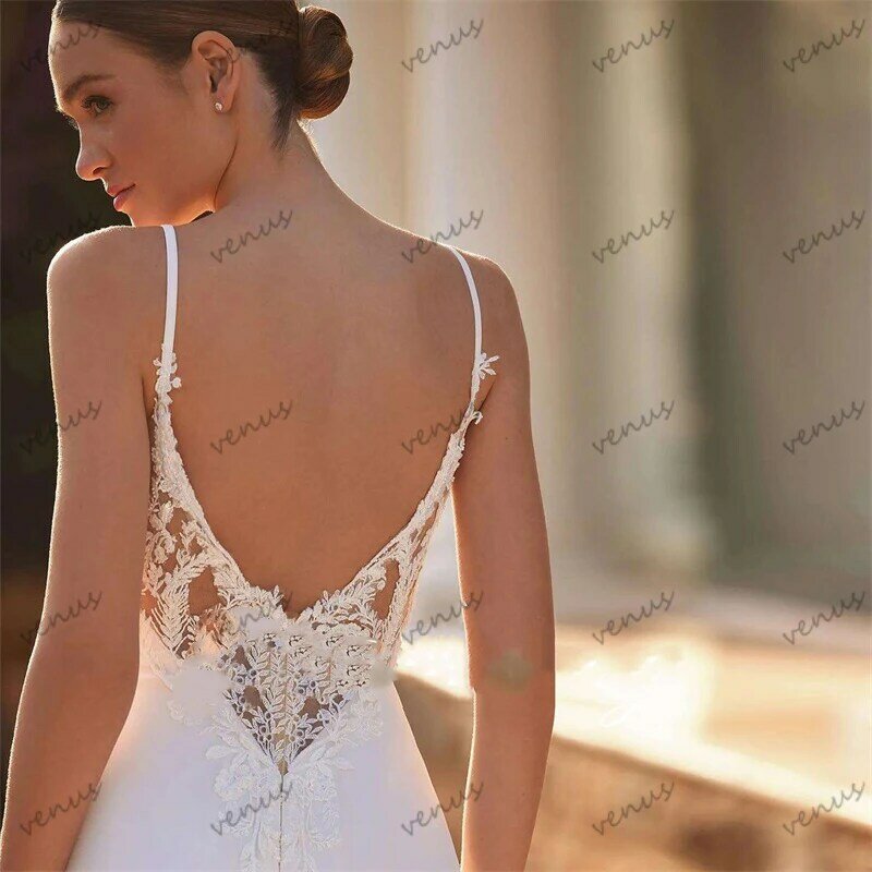Simples Lace Appliques cetim vestidos, vestidos de noiva graciosos, cintas de espaguete, vestido de festa formal, 2024