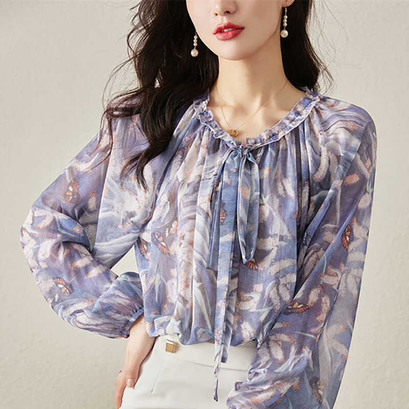 Fashion Printed Ruffle Lace Up Bow Floral Blouses Women Clothing 2024 Spring Summer New Loose All-match Tops Office Lady Shirts