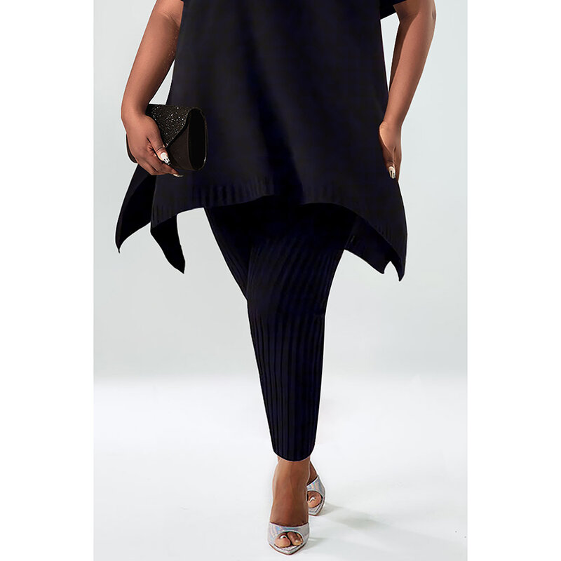 Женские повседневные брючные комплекты, черные трикотажные брюки из двух предметов с ложным воротником и коротким рукавом