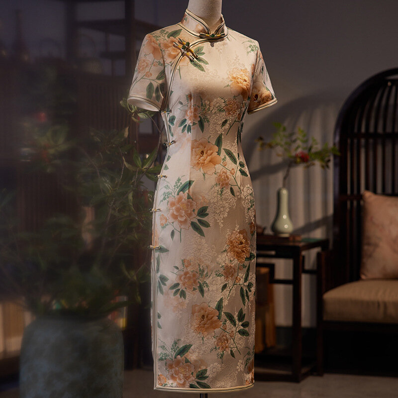 女性のためのエレガントな半袖チャイナドレス,花柄の伝統的な服