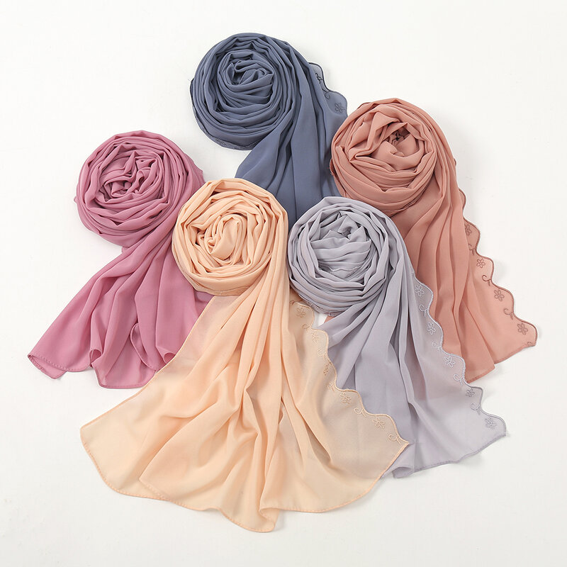 Turkish Embroidered Scallop Headscarf Plain Chiffon Hijabs for Women Muslim Islam Turban Embroidery Chiffon Shawl Wrap Scarves
