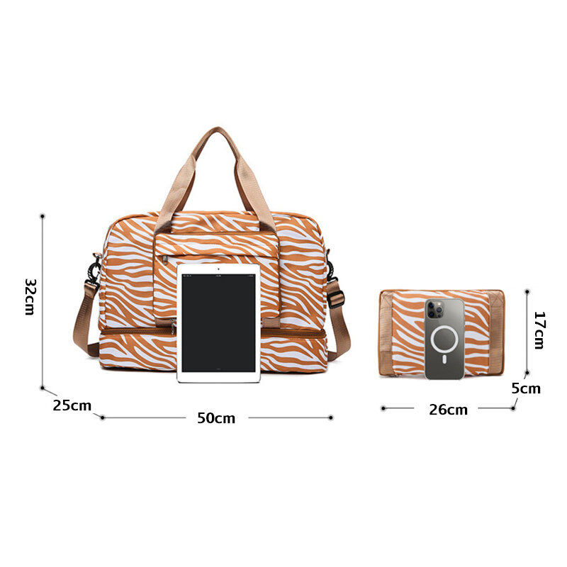 Large Size Luggage Bag Women Travel Handbag Zebra Print Waterproof Pull Rod Boarding Fitness Dry and Wet Separation Weekend Bag
