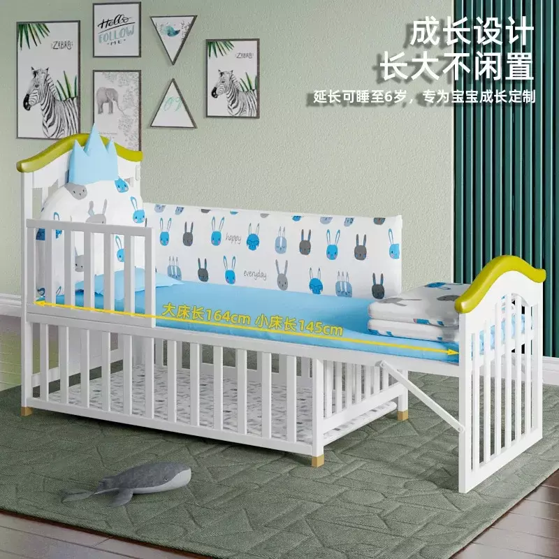 Baby Crib Solid Wood European Style White Multifunctional Baby Bb Movable Newborn Baby Cradle Bed Splicing Large Bed
