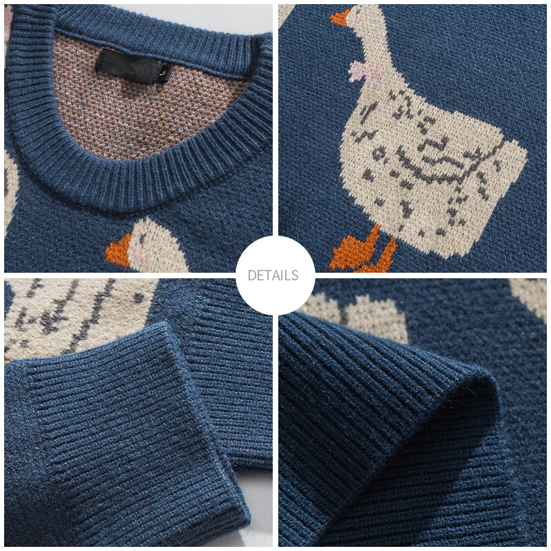 Sweter Rajutan Jepang Pakaian Jalanan Longgar Leher-o Kasual Harajuku Baru 2023 Pullover Gambar Cetak Angsa Bebek Hewan Kartun Pria