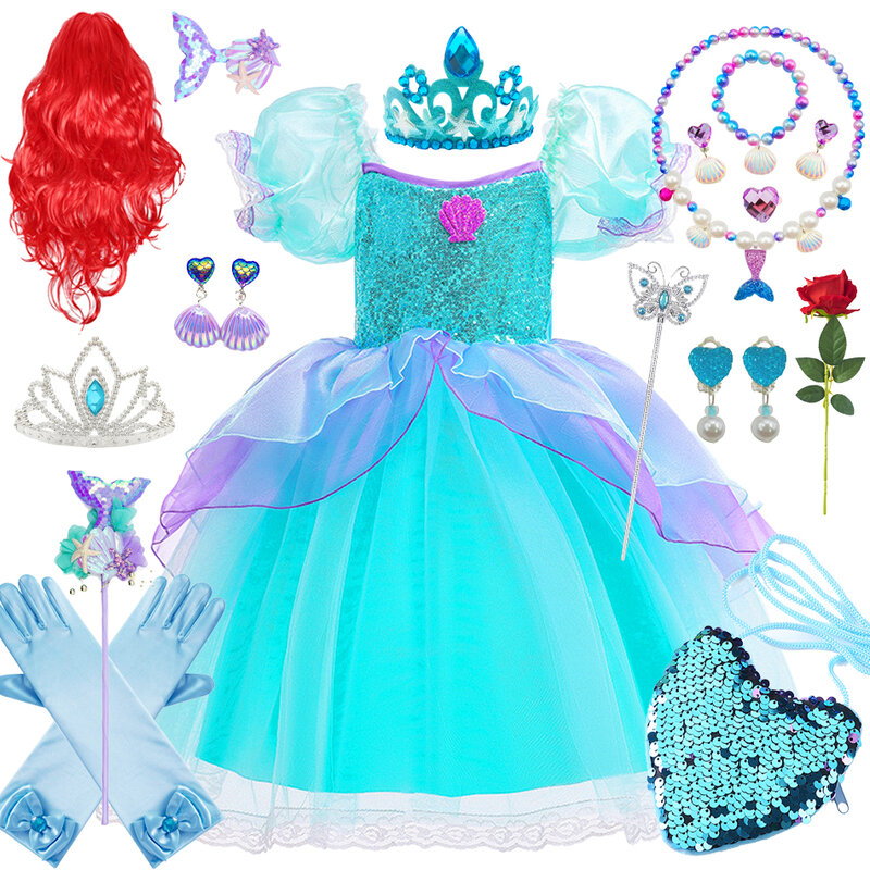 Gaun Cosplay Ariel gaun putri duyung musim panas anak perempuan gaun bordir mewah anak-anak untuk Karnaval pesta Halloween 2-10 tahun