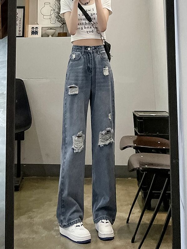 Celana Jeans kaki lebar wanita, celana panjang lurus longgar ramping dan ramping, pinggang tinggi bergaya tipis Musim Panas 2024