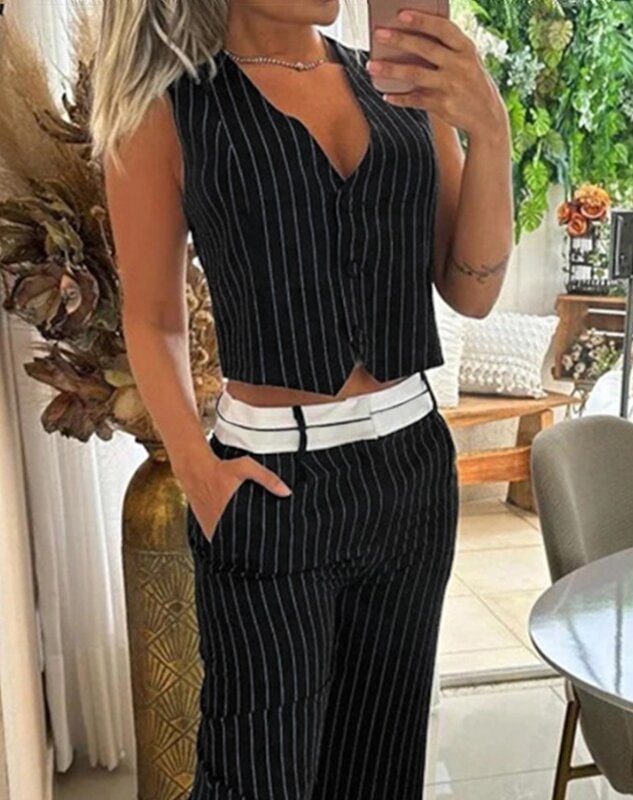 Two Piece Sets Outfit for 2024 Summer Casual Simple V-Neck Striped Buttoned Sleeveless Vest Top & Pocket Design Pants Set
