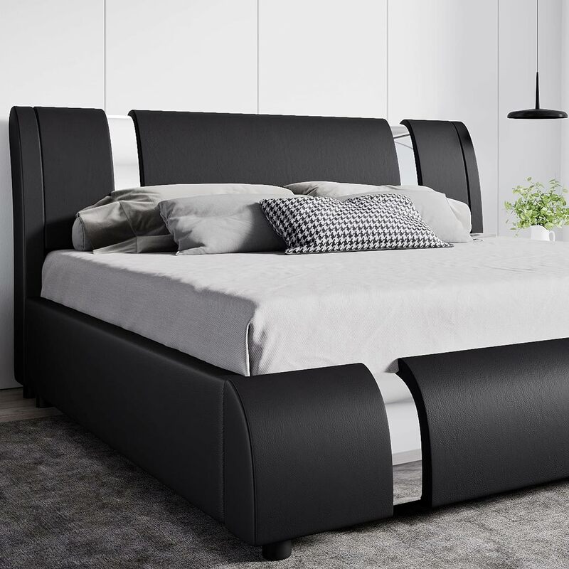 SHA CERLIN Faux Leather King Bed Frame with Adjustable Headboard and Iron Accents, Noise-Free - Black with White Sides