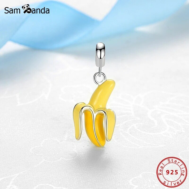 925 prata esterlina charme talão de banana pingente encantos amarelo esmalte caber pandora original pulseiras colares feminino jóias diy