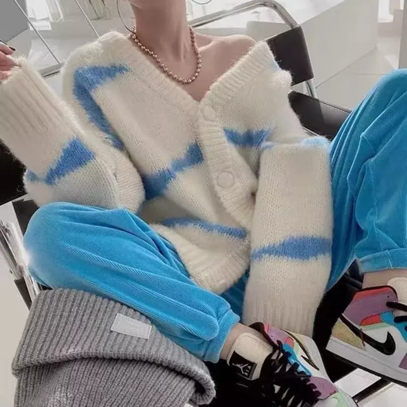 Suéteres sueltos a rayas para Mujer, cárdigan de punto de manga larga con cuello en V, Tops coreanos, 2023