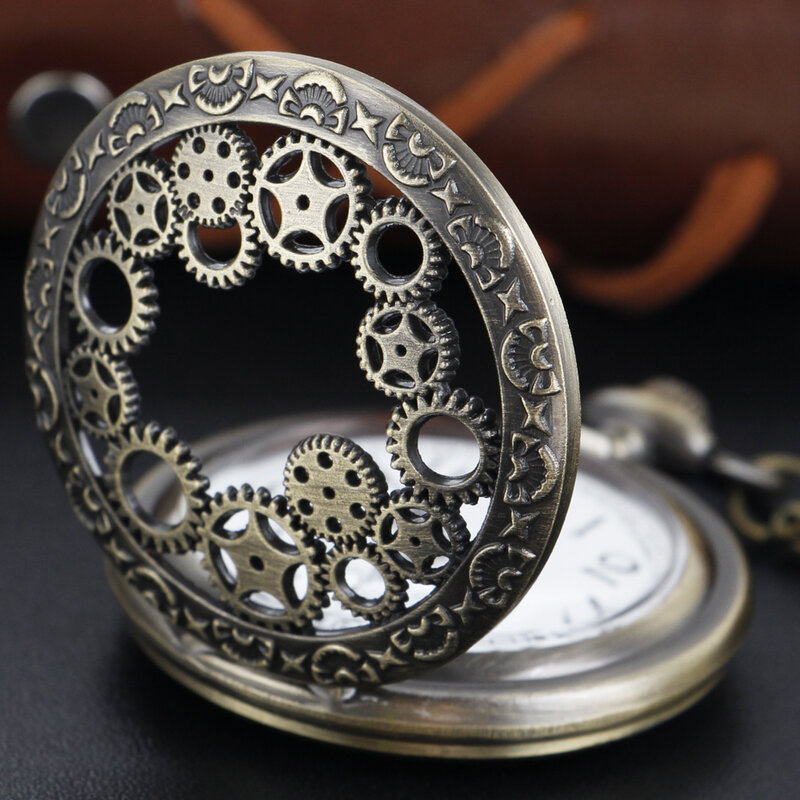 Бронзовые кварцевые карманные часы с полым механизмом в стиле стимпанк с цепочкой на цепочке, женские часы с подвеской, ожерелье, мужской подарок Cf1035