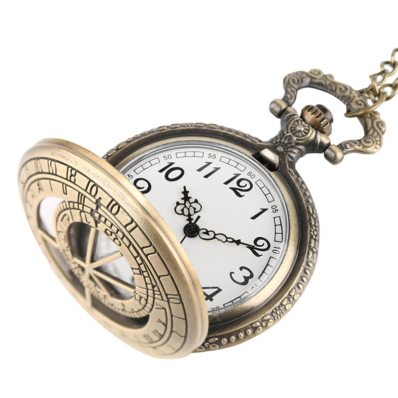 Creative Vintage Bronze Hollow Cover Analog Clock New Quartz Pocket Watch Chain Pendant Retro Men Women Necklace Souvenirs
