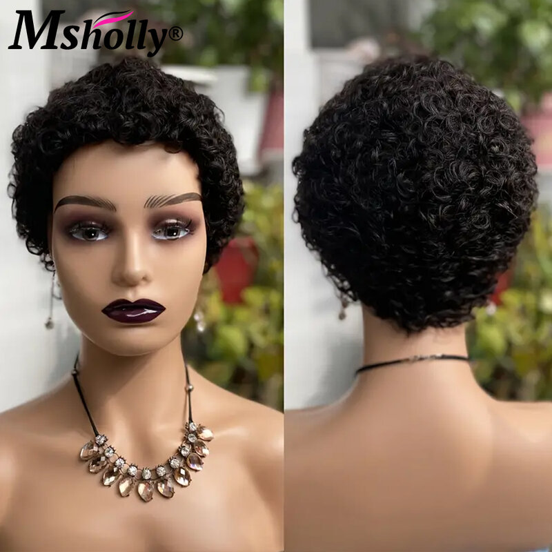 Peruca curta de corte Pixie para mulheres negras, perucas de cabelo humano Remy, Afro Kinky Curly, máquina completa feita, peruca brasileira sem cola