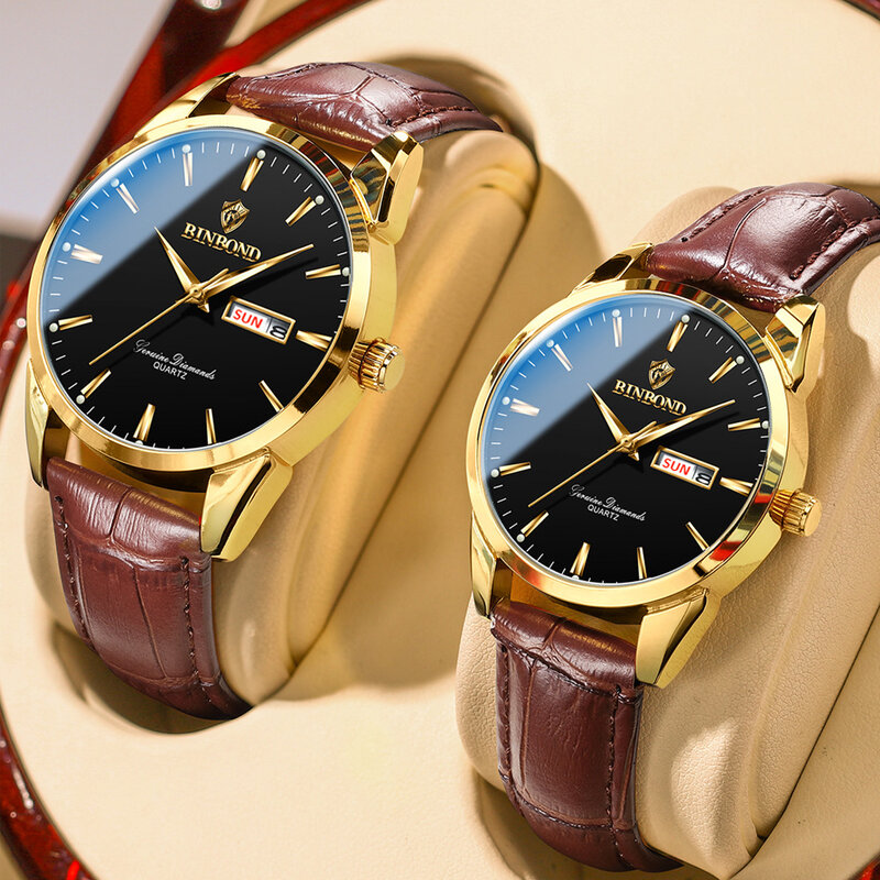 Relógio de pulso de quartzo impermeável para homens e mulheres, relógio casal, pulseira de couro, calendário masculino, marca de luxo, senhoras e homens