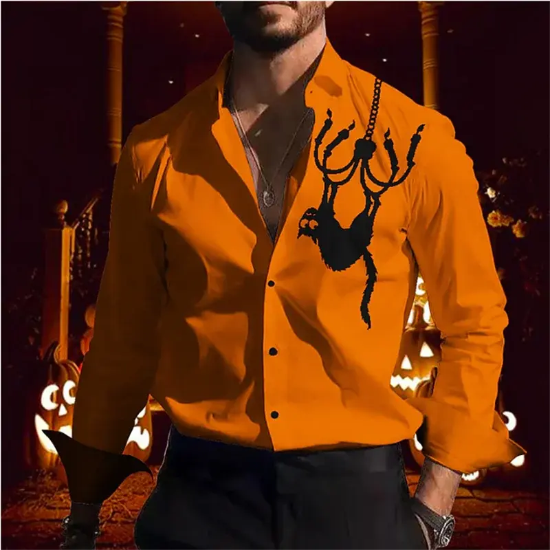 Camiseta masculina gravata caveira de Halloween, blusa de botão vintage abóbora, camisa macia e confortável, presente da moda, novo, 2023