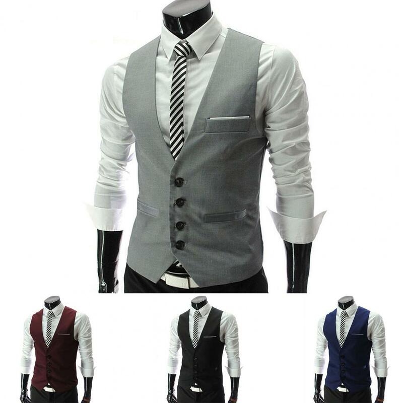 Chaleco de traje con bolsillos simples para hombre, chaleco Formal de negocios sin mangas, ropa de trabajo de Color sólido