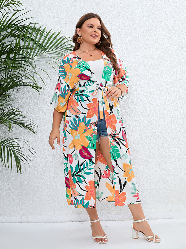 GIBSIE Plus Size Casual Print Beach Kimono Cardigan With Belt Vacation Bohemian Loose Tunic Women Beachwear Summer Long Cardigan