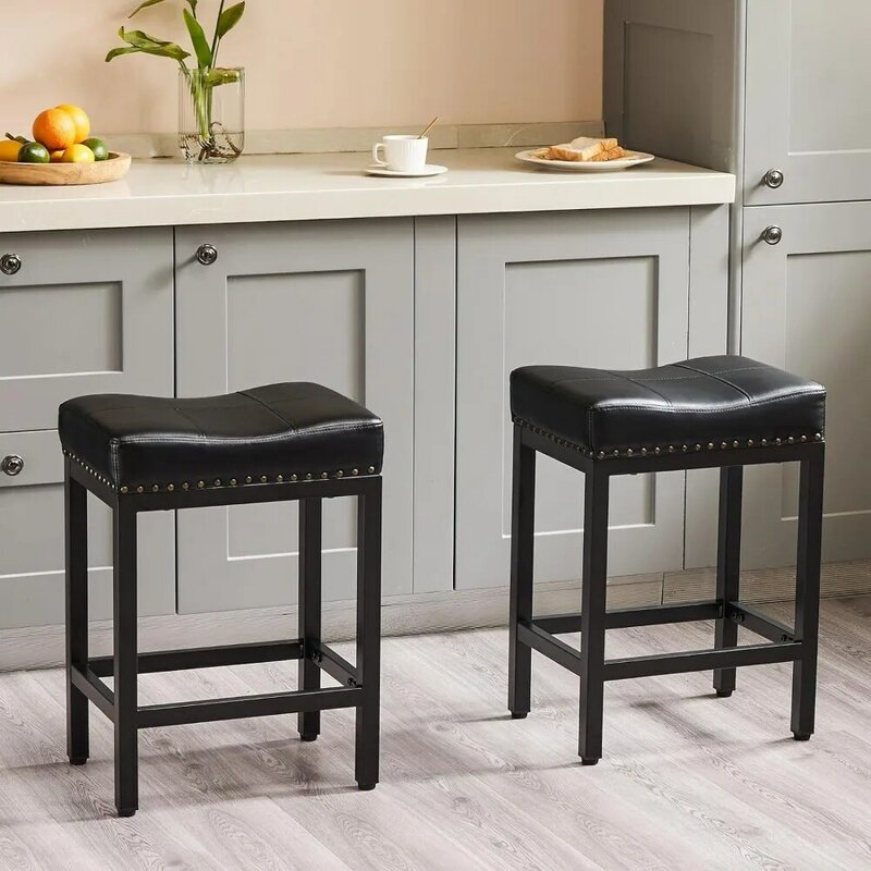 Bar Stools Set of 4, Counter Height 24 Inch Saddle Stools, Modern PU Leather Barstools with Metal Base and Footrest, Upholstered