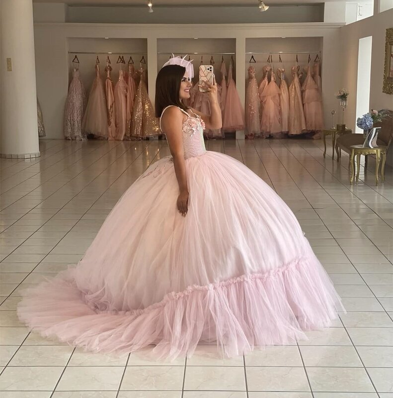 핑크 프린세스 퀸시네라 드레스, 볼 가운, 스파게티 스트랩, 얇은 명주 그물 아플리케, 스위트 16 드레스, 15 아뇨 커스텀