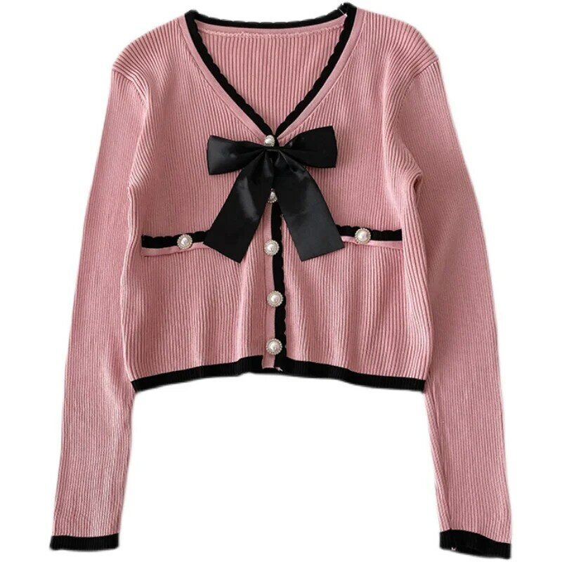 Small Fragrant V-neck  Bow Knitted Shirt for Women's Autumn Korean Edition Foreign style Sweet Pearl Button Short Cardigan Top