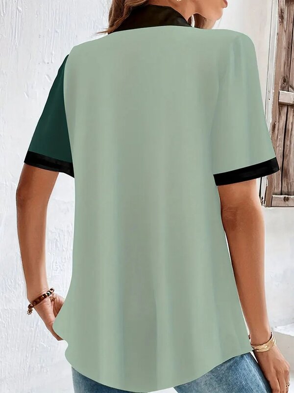 여성용 반팔 셔츠 및 블라우스, 우아한 녹색 프린트 셔츠, 기질 상의, 5XL 용수철, 가을 패션, 2024 신상