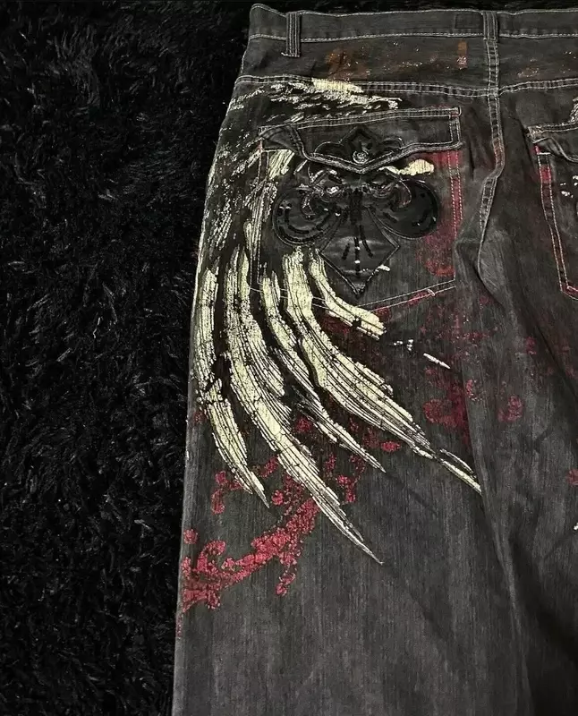 Haft z dużymi skrzydłami JNCO Streetwear Y2K nowe jeansy z lat 90. Czarne workowate dżinsy damskie Harajuku hip-hopowe szerokie spodnie gotyckie
