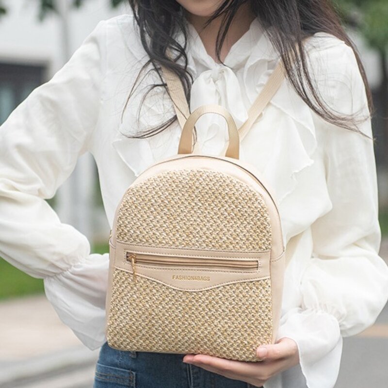Straw Woven Shoulder Bag Portable Lightweight Large Capacity Student Schoolbag Zipper Women's Backpack Vacation