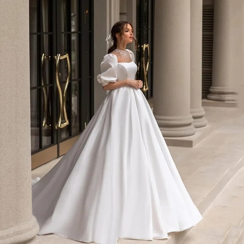 Vestido de casamento liso cetim com mangas inchadas, A-Line Floor Length, Vintage Princess Dress, Colarinho quadrado, Ocasião formal, Simples