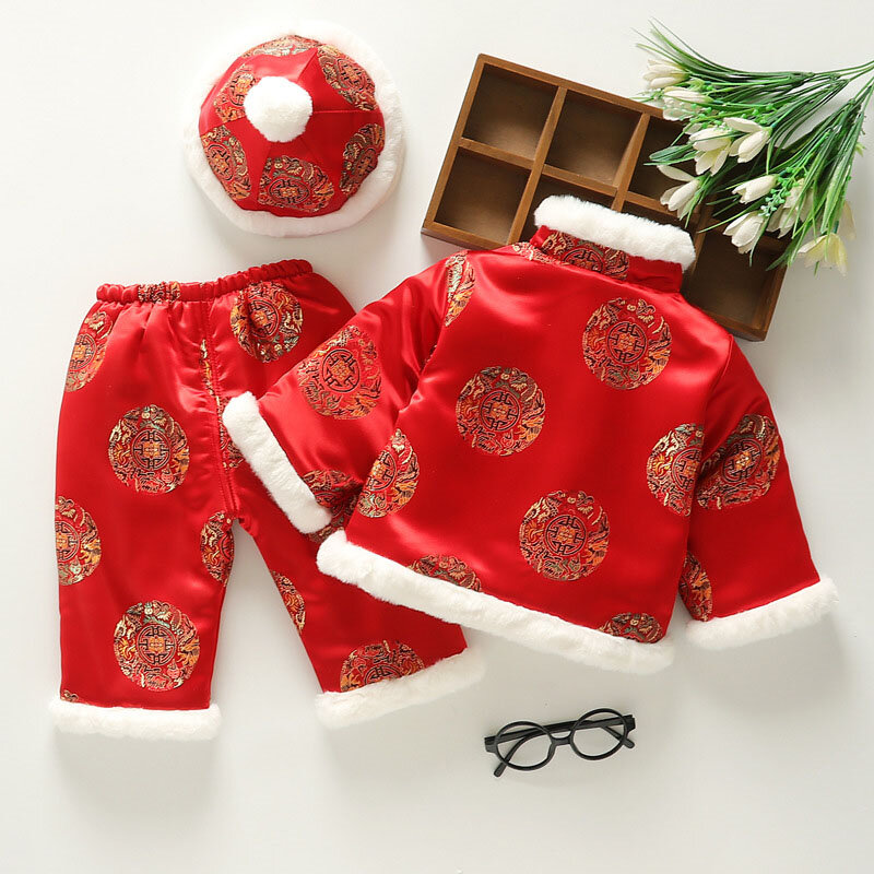 W wieku 0-3 lat stare chińskie dla dzieci strój Tang dziecko w jednym-Year-Old sukienka chiński styl świąteczny nowy rok sukienka brokat kombinezon zimowy