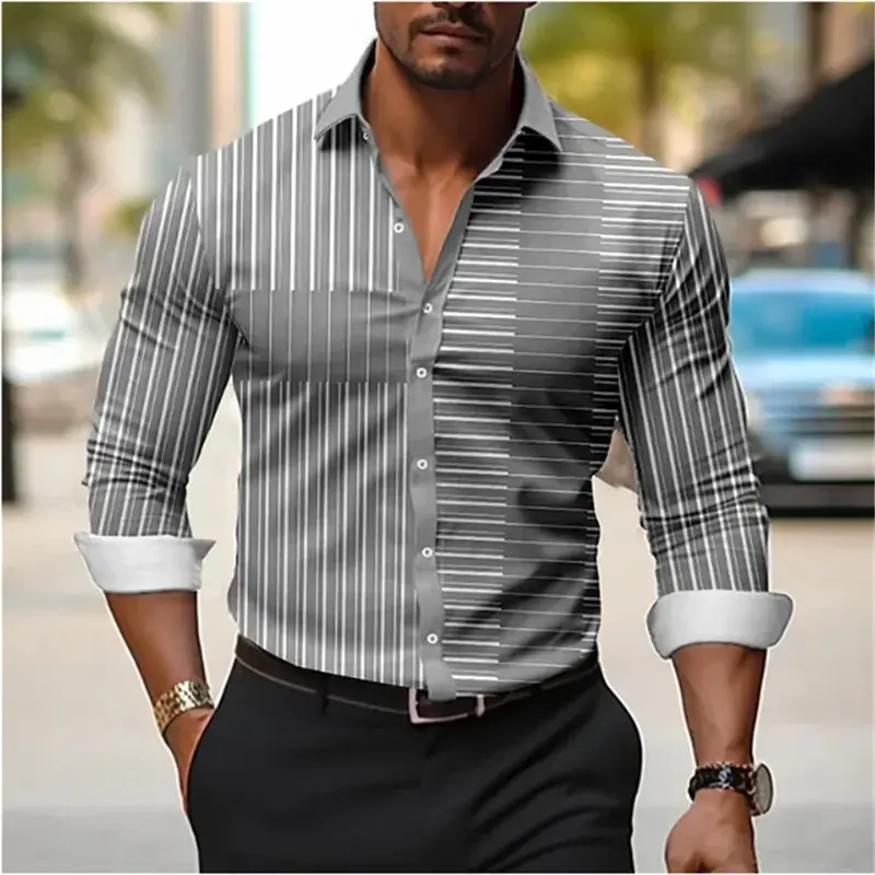 Manga comprida lapela botão dos homens até a camisa, padrão listrado retro impresso, macio e confortável Designer Top, novo, s-6XL