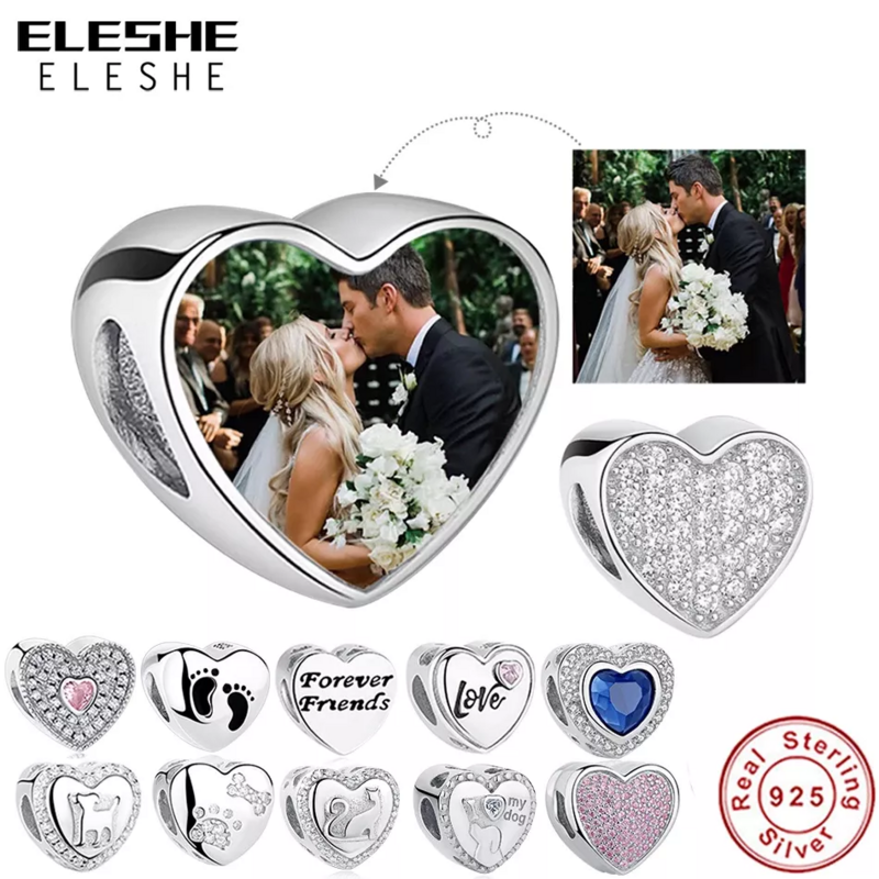 ELESHE 100% Authentic 925 Sterling Silver Bead Charm Fit Original Bracelet Bangle DIY Custom Photo Heart Beads Jewelry Making