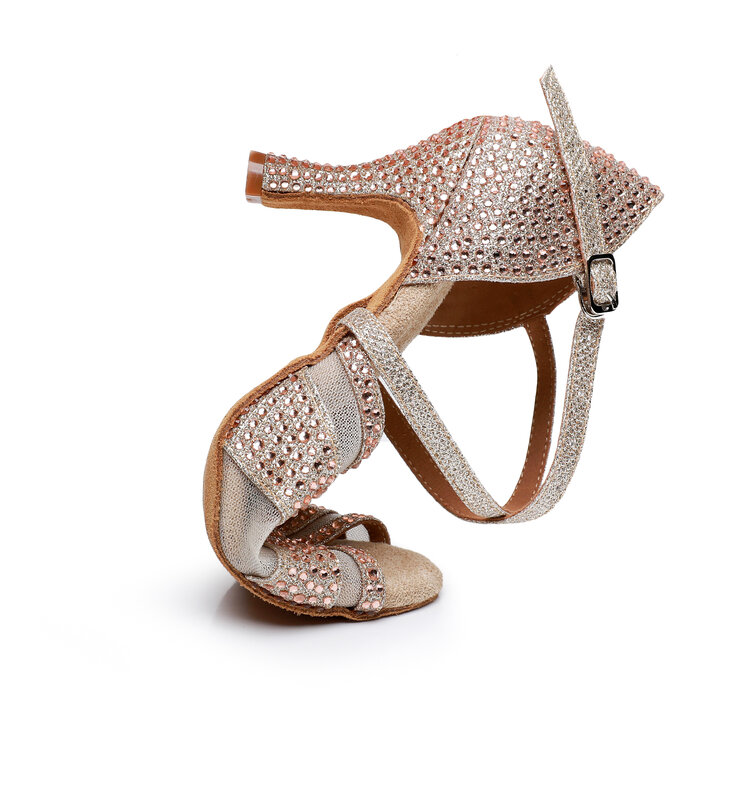 Sepatu dansa Latin musim panas wanita dengan berlian imitasi empuk wanita hak tinggi Ballroom Tango Dance sandal 7cm keluaran baru