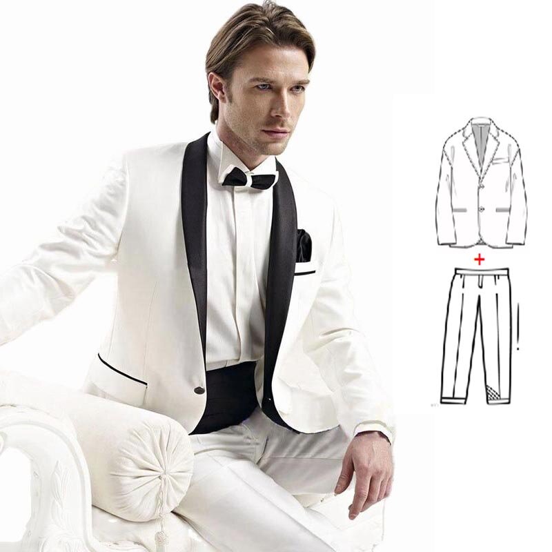 Белый свадебный смокинг для жениха, 2 предмета, 2023, приталенный черный атласный костюм для жениха с лацканами, костюмы для официальной свадебной вечеринки (Блейзер + брюки)