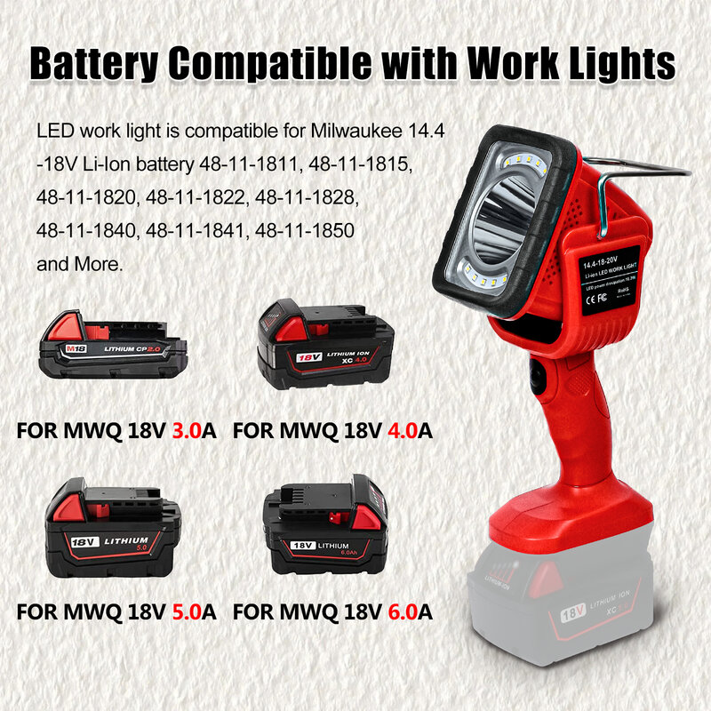For Miliwaukee 16.2W 14.4V-18V Work Light Li-ion Battery Portable Outdoor LED Light Flashlight Dual Light Source Vertical Lamp