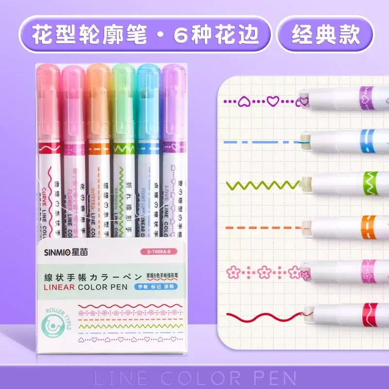 3/6/8pcs evidenziatore a forma di linea Roller Tip Curve Liner pennarelli Kawaii Graffiti Pen cancelleria coreana forniture per ufficio scolastico