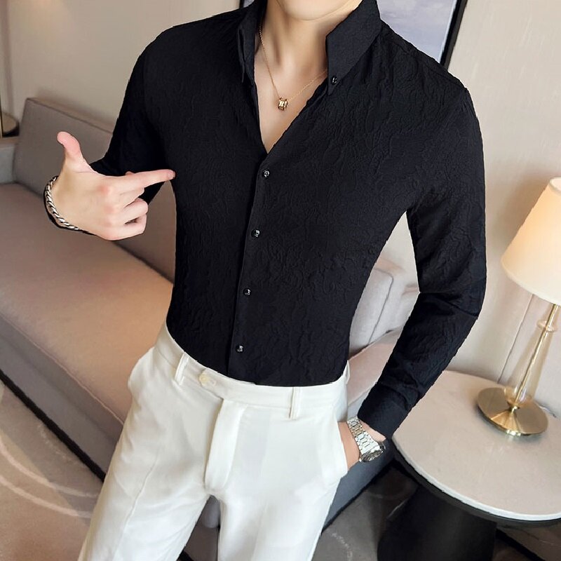 Long Sleeve Shirt Men 4XL Slim Fit Luxury Business Shirts V Neck Lace Floral Korean Style Man Social Blouse Camisa Men Clothing