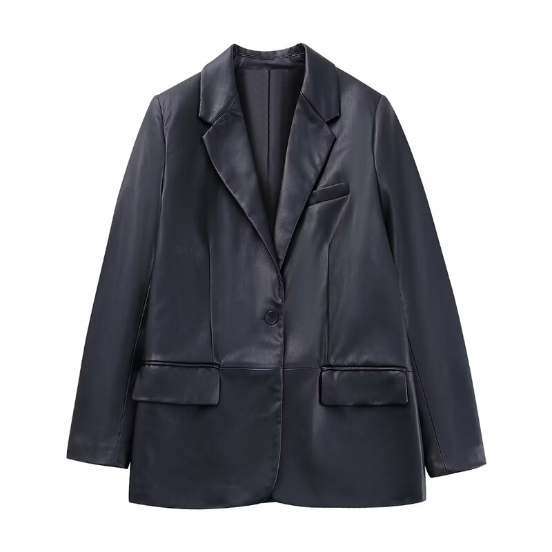 Chaqueta holgada de piel sintética para mujer, abrigo informal de manga larga con bolsillos, prendas de vestir exteriores elegantes, color negro, nueva moda