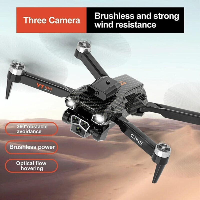 Drone YT150 avec trois caméras, 360 °, omnidirectionnel, évitement d'obstacles intelligent, réduction électrique, moteur sans balais, quadrirotor RC